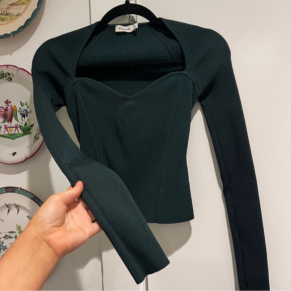 NEW SIMKHAI Giuliana Long-sleeve Sweetheart Top In Emerald XS